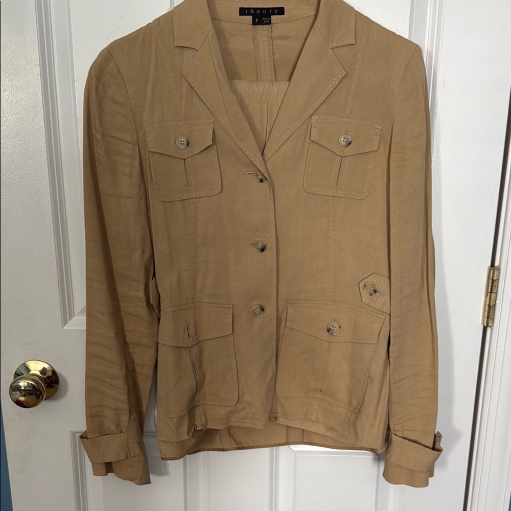 Theory Tan linen stretch safari jacket with matching flat front trouser
